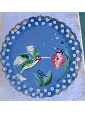 Metal Hummingbird Floral Handpainted Round Punched Brooch 2in Blue Green Pink